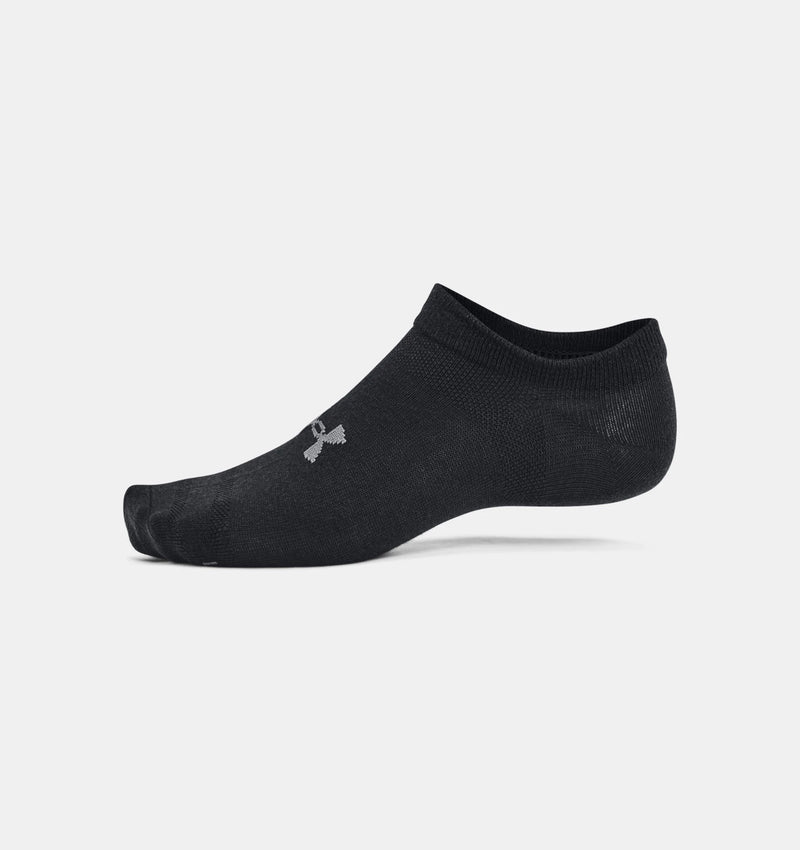 Under Armour Essential Cushioned No Show Socks 6-Pack in black with gray logo, side view showing low-cut design and cushioned fabric.