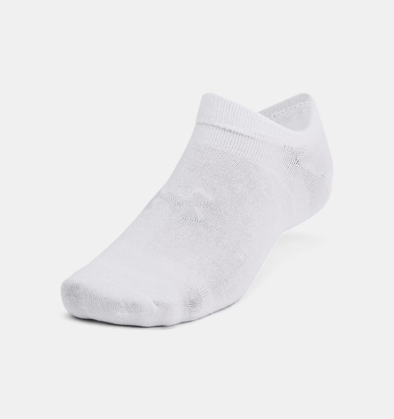 Under Armour Essential Cushioned No Show Socks in white with ribbed cuff and breathable, lightweight material, angled front view.
