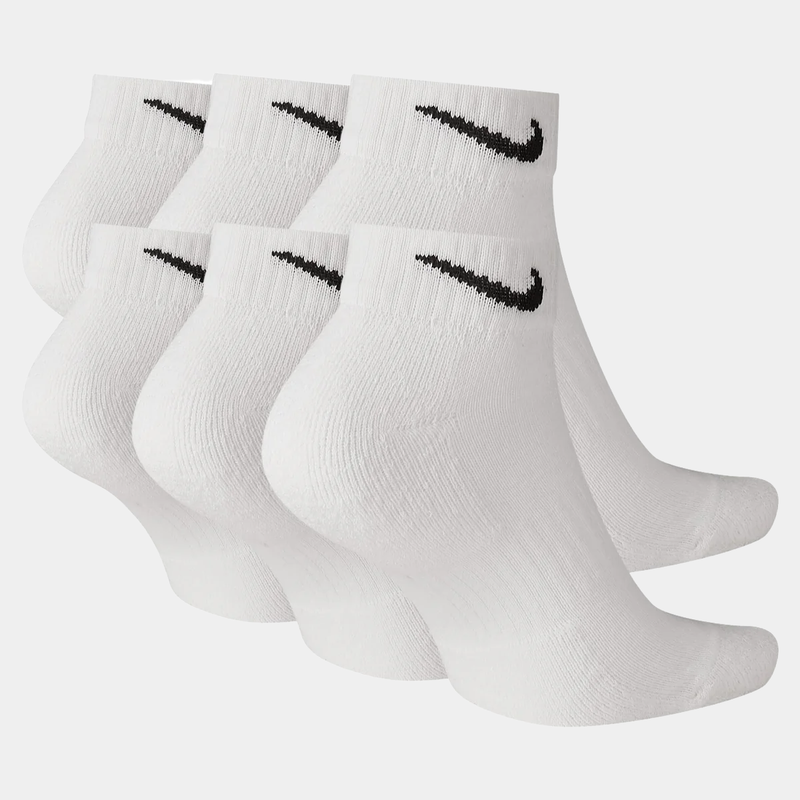 Nike Everyday Cushion Low Socks in white with black Swoosh logo, soft cotton blend and cushioned sole, side view showing six pairs.