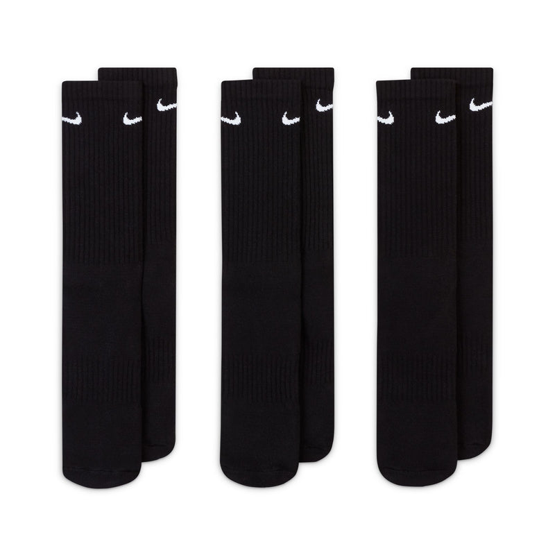 Nike Everyday Cushioned Crew Socks in black with white swoosh logo, ribbed cuffs, and cushioned soles, front view.