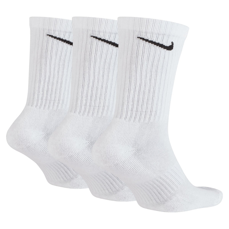 Nike Everyday Cushioned Crew Socks in white with ribbed texture and black swoosh logo, side view showing three pairs.