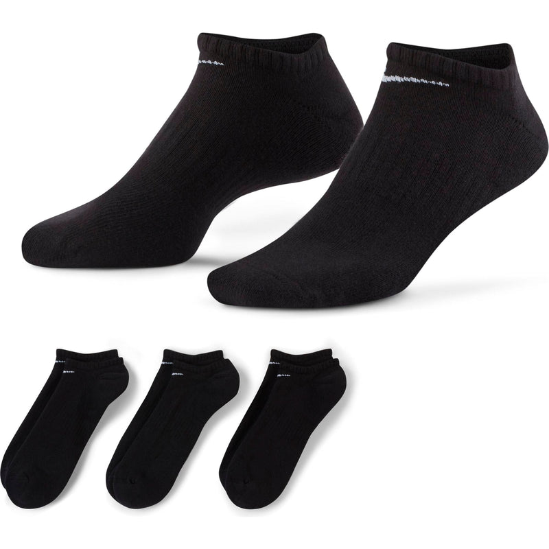 Nike Everyday Cushioned Training No-Show Socks in black, featuring soft fabric and ribbed detailing, side view and set of three pairs.