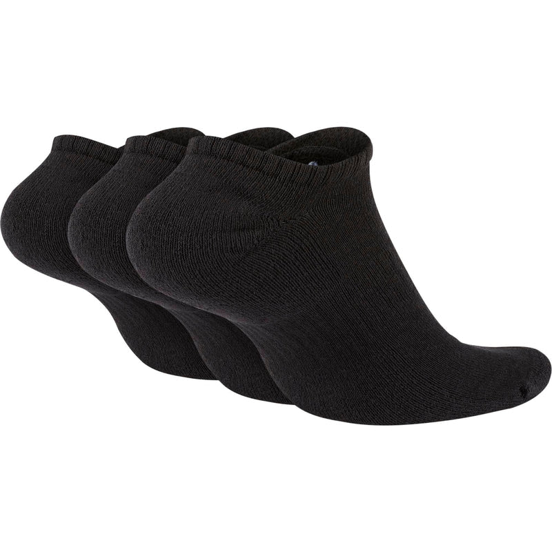 Nike Everyday Cushioned Training No-Show Socks in black made with soft, durable fabric, side view of stacked pairs.