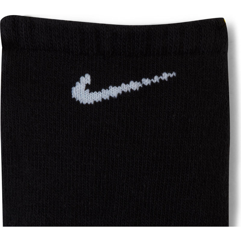 Nike Everyday Cushioned Training No-Show Socks in black with white Nike logo and soft knit fabric, close-up view.