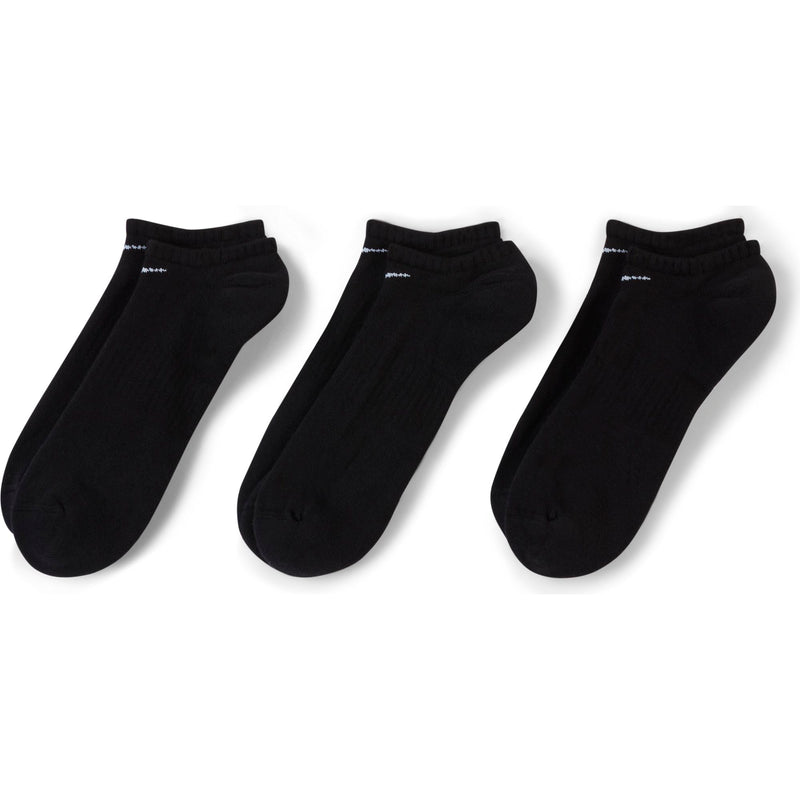 Nike Everyday Cushioned Training No-Show Socks in black, featuring soft fabric and ribbed cuffs, front view showing three pairs.