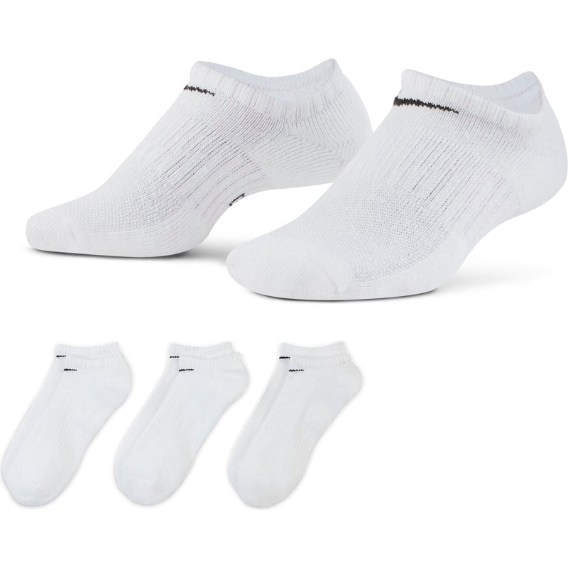 Nike Everyday Cushioned Training No-Show Socks in white with ribbed detailing and soft cushioned fabric, front and angled views.