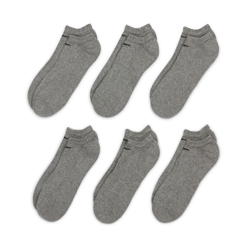 Nike Everyday Cushioned Training No-Show Socks in gray with soft fabric and ribbed cuffs, front view in a pack of six.