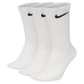 Nike Everyday Lightweight Crew Socks in white featuring ribbed design and black embroidered logo, front view stack of three pairs.