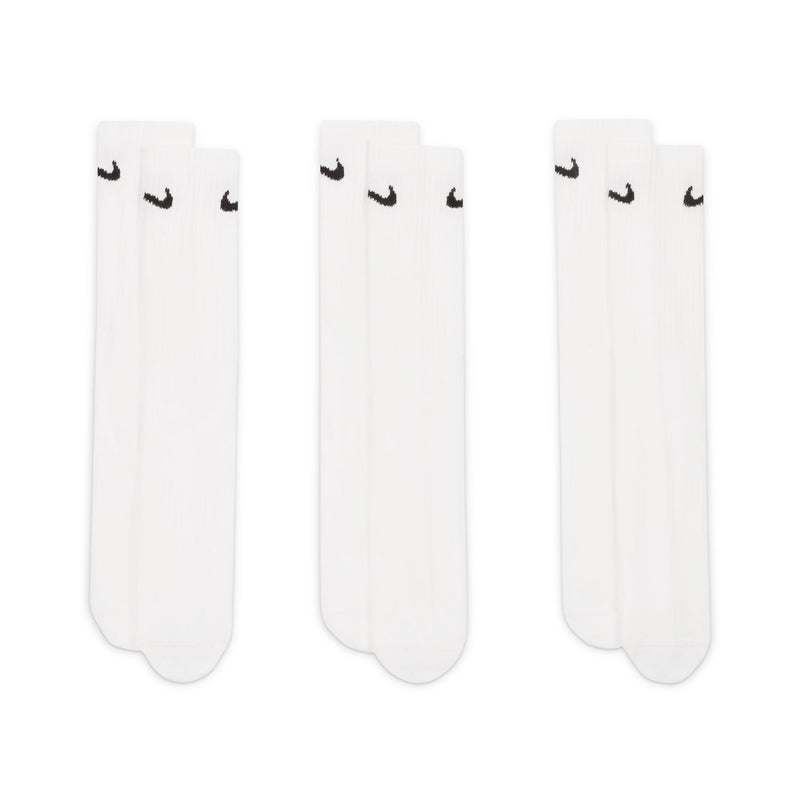 Nike Everyday Lightweight Crew Socks in white with black Swoosh logo, set of three pairs laid flat.