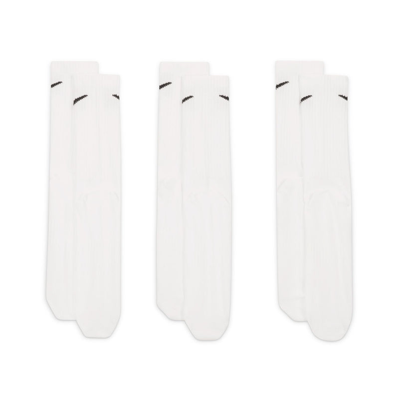 Nike Everyday Lightweight Crew Socks, white with ribbed construction and black swoosh logo, front view of three pairs.