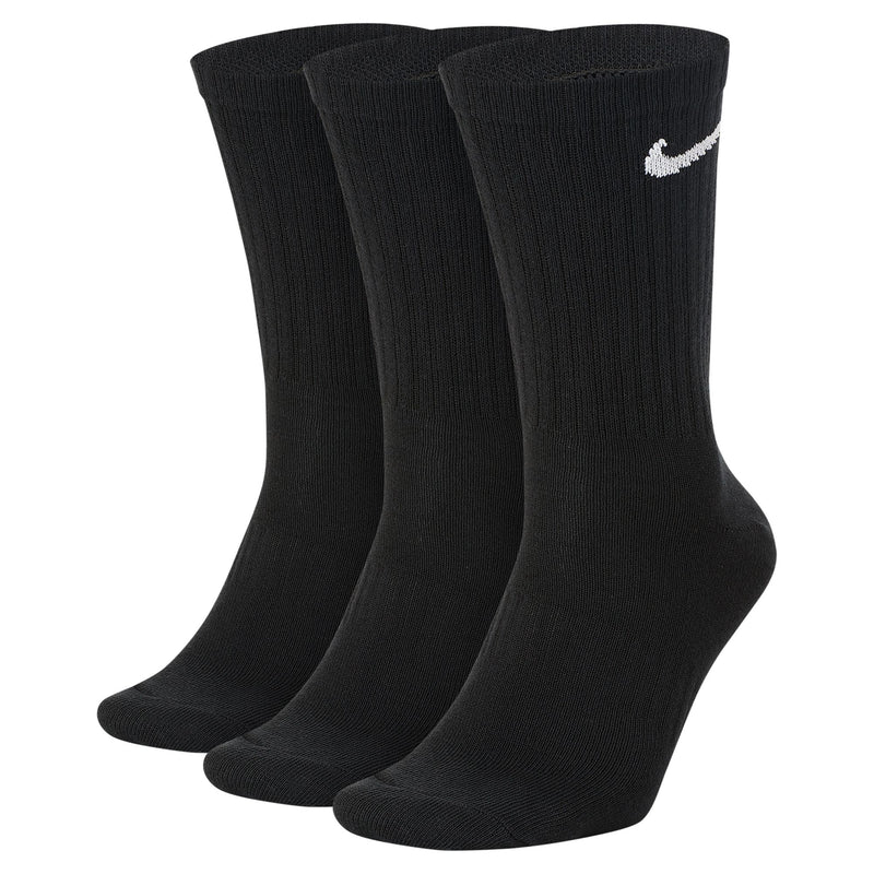 Nike Everyday Lightweight Crew Socks, black ribbed design with white Nike Swoosh logo, front angled view.