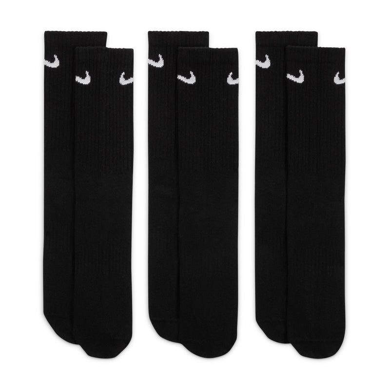 Nike Everyday Lightweight Crew Socks in black with white Nike Swoosh logo near the cuffs, displayed in a set of three pairs.