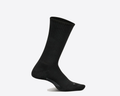 Feetures Everyday Max Cushion Crew socks in black with ribbed design and reinforced toe and heel, side view.