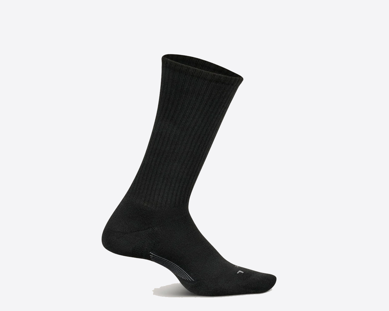 Feetures Everyday Max Cushion Crew socks in black with ribbed design and reinforced toe and heel, side view.