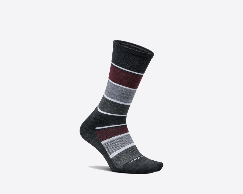 Feetures Everyday Max Cushion Crew socks in dark gray with burgundy, white, and light gray stripes, side view.