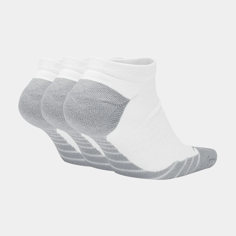 Nike Everyday Max Cushioned No Show Socks in white with gray accents, ribbed cuffs, and cushioned sole, side view.