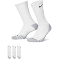 Nike Everyday Max Cushioned Training Crew Socks in white with gray reinforced toe and heel, ribbed cuffs, and black Nike logo.