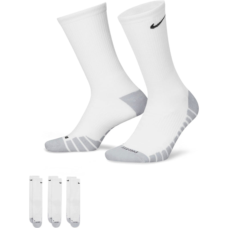 Nike Everyday Max Cushioned Training Crew Socks in white with gray reinforced toe and heel, ribbed cuffs, and black Nike logo.