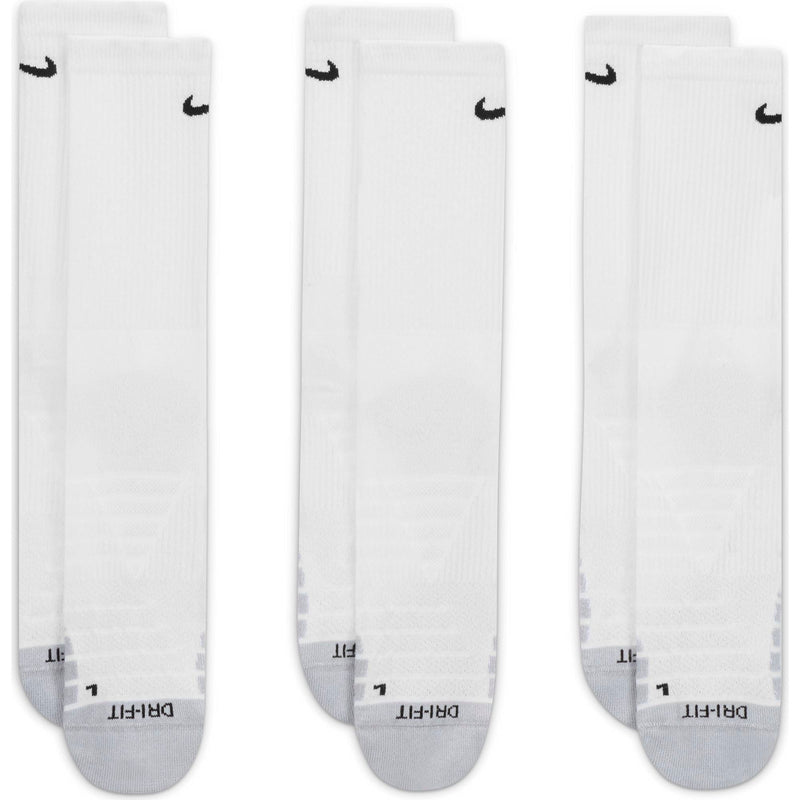 Nike Everyday Max Cushioned Training Crew Socks in white with black logo, gray reinforced toes, and Dri-FIT fabric, front view.