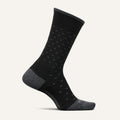 Feetures Everyday Men's Max Cushion Crew socks in black with gray accents, dotted pattern, and reinforced heel and toe, side view.