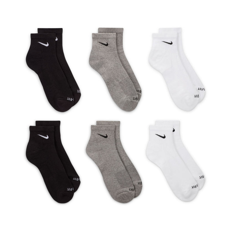 Nike Everyday Plus Cushioned Ankle Socks, multipack in black, gray, and white with ribbed cuffs and Nike swoosh logo, front view.