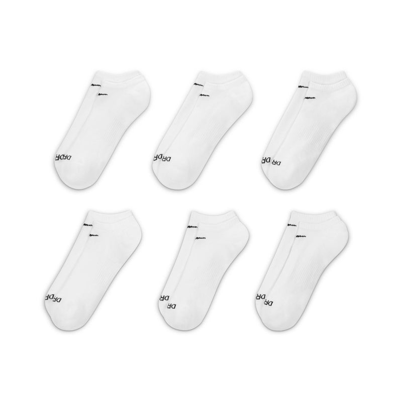 Nike Everyday Plus Cushioned No Show Socks in white, featuring ribbed detailing and cushioned sole, multi-pair top view.