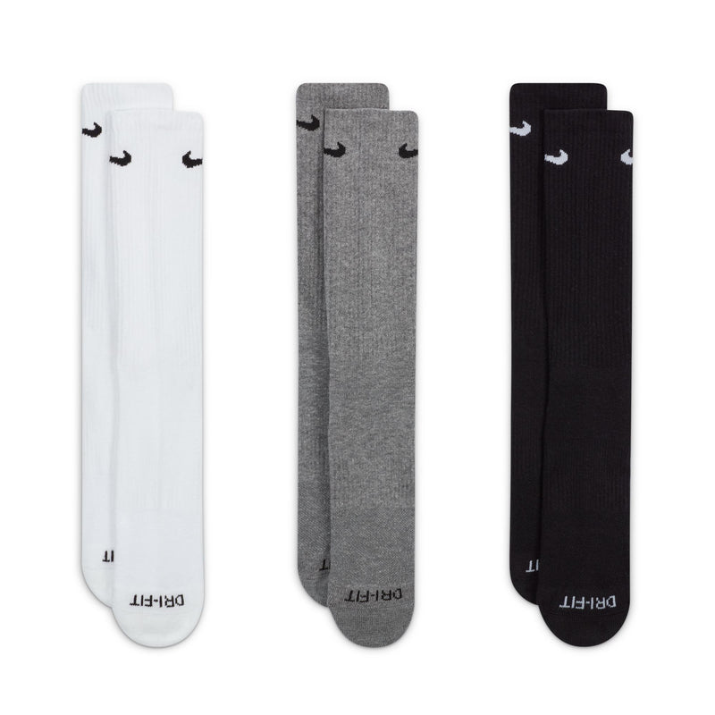 Nike Everyday Plus Cushioned Training Crew Socks in white, gray, and black featuring Dri-FIT technology and ribbed design, front view.