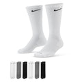 Nike Everyday Plus Cushioned Training Crew Socks in white with black logo, ribbed design and cushioned sole, front view with multi-color sock pack display.