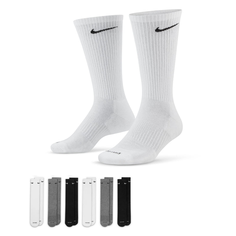 Nike Everyday Plus Cushioned Training Crew Socks in white with black logo, ribbed design and cushioned sole, front view with multi-color sock pack display.