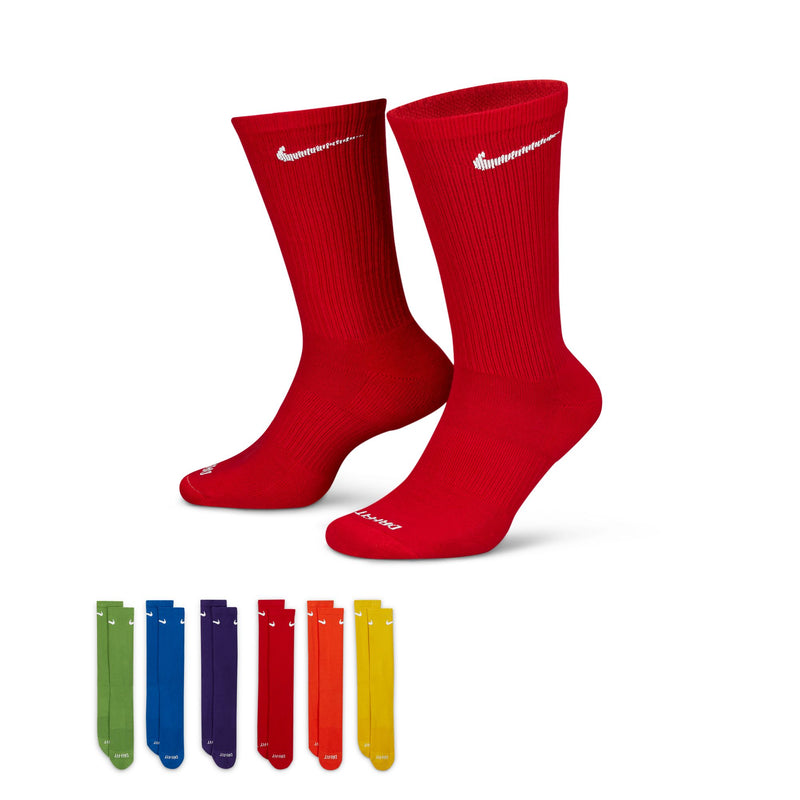 Nike Everyday Plus Cushioned Training Crew Socks in red with ribbed texture and white Nike logo, front view with assorted color options displayed below.
