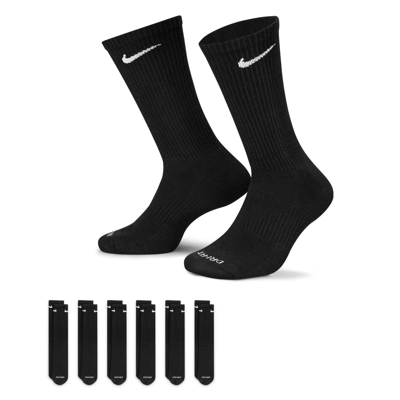 Nike Everyday Plus Cushioned Training Crew Socks in black with white logo, ribbed design, and reinforced cushioning, front and side view.