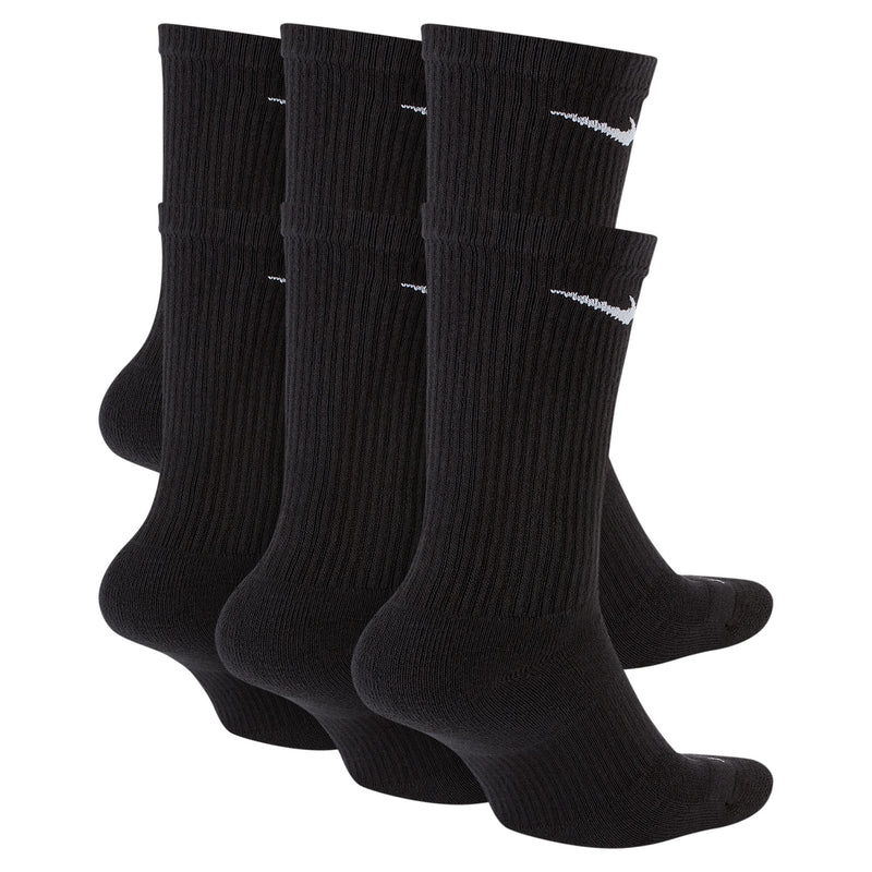 Nike Everyday Plus Cushioned Training Crew Socks in black with ribbed design and white Nike Swoosh logo, side angle view.