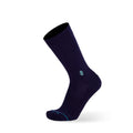 Tall Order Extra Cushioned Dress Socks in dark navy with ribbed cuff, reinforced toe, and light blue logo accents, side view.