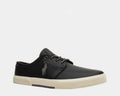 Polo Ralph Lauren Faxon Low Leather sneakers in black leather with embroidered logo and white rubber sole, side view.