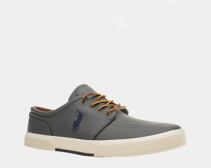 Polo Ralph Lauren Faxon Low Leather shoes in gray leather with contrasting tan laces and embossed logo, side angle view.