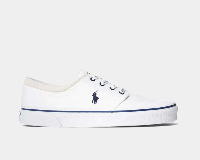 Polo Ralph Lauren Faxon X Canvas casual shoes in white canvas with embroidered navy logo and blue-striped sole, side view.