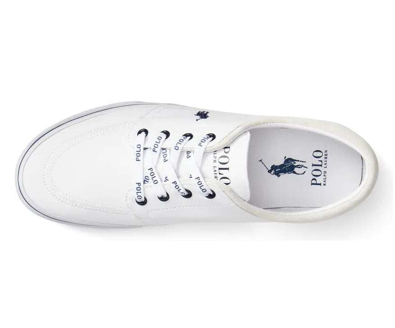 Polo Ralph Lauren Faxon X Canvas sneakers in white canvas with branded laces and embroidered logo, top view.
