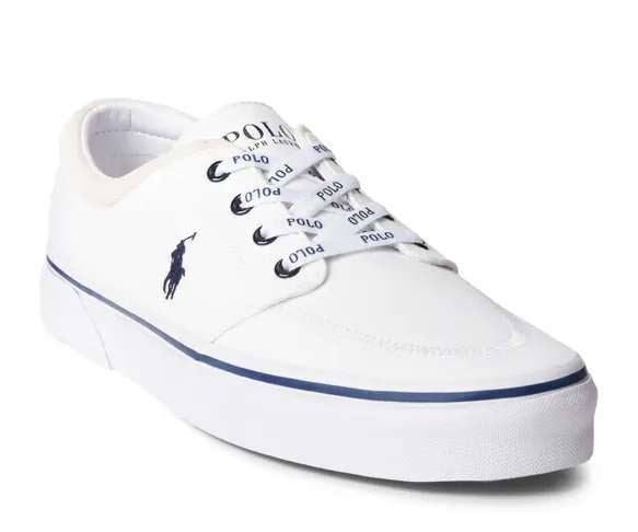 Polo Ralph Lauren Faxon X Canvas sneakers in white canvas with navy accents, showcasing toe box and side profile.