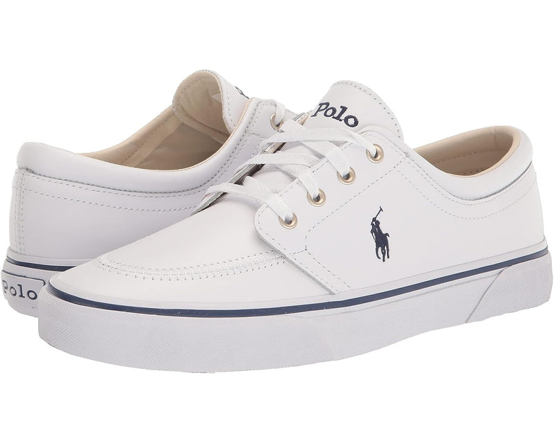 Polo Ralph Lauren Faxon X Leather sneakers, white leather upper with navy logo embroidery and matching white rubber soles, side angle.