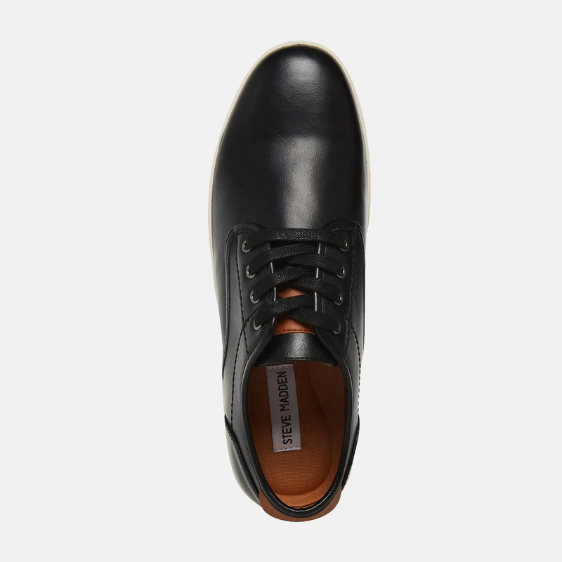 Steve Madden Fenta Leather shoes in black with a smooth leather upper, lace-up design, and tan interior, top view.