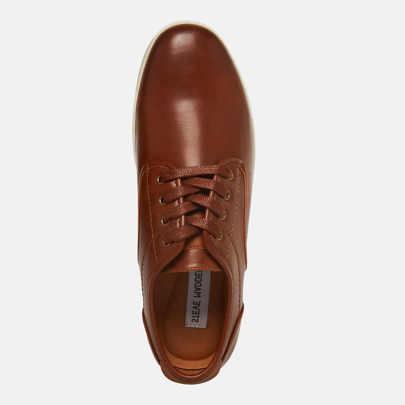Steve Madden Fenta Leather shoes top view, in brown leather with a closed lace-up design and lightly cushioned interior.
