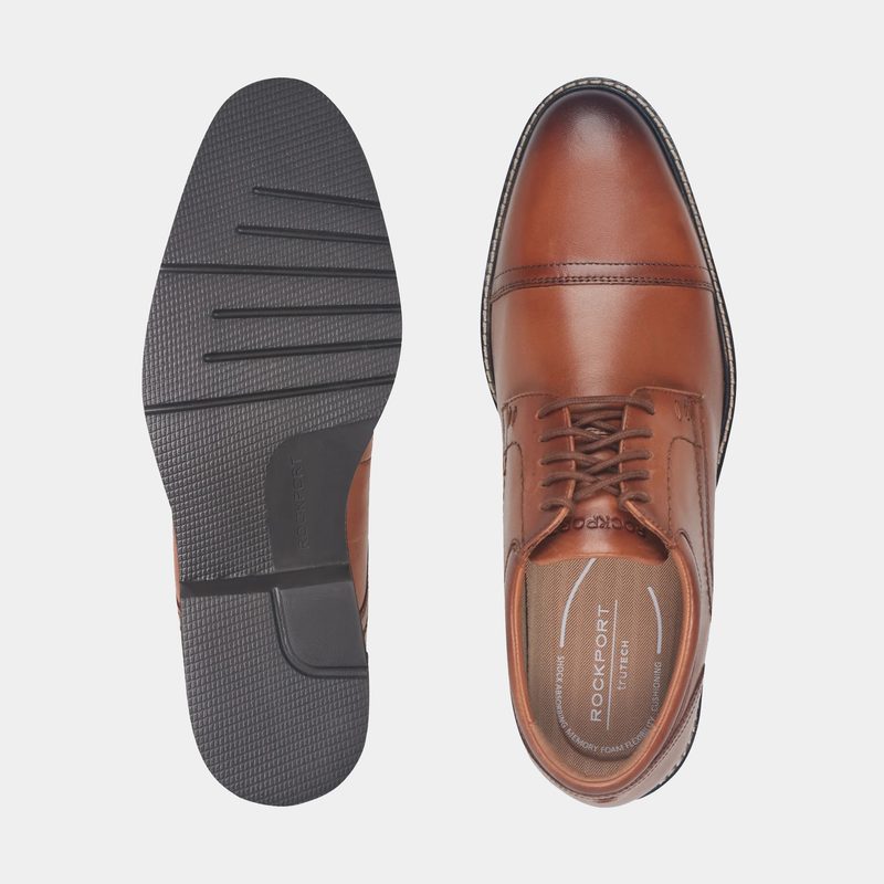 Rockport Findlay Lace-up Almond Toe Oxfords in rich brown leather with sleek stitched detailing, top and sole views.