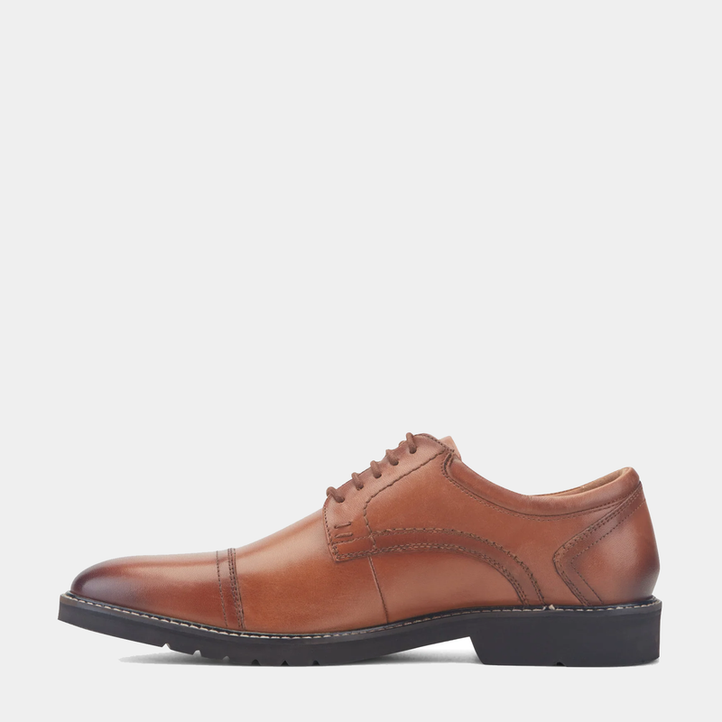 Rockport Findlay Lace-up Almond Toe Oxfords in brown leather with stitched detailing and low heel, side view.