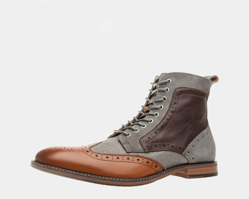 Stacy Adams Finnegan boots with gray fabric, brown leather accents, brogue detailing, and lace-up design, side view.