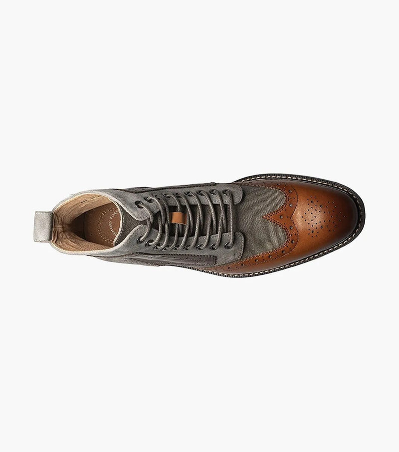 Stacy Adams Finnegan shoes top view featuring gray suede upper and brown leather wingtip details with brogue perforations.