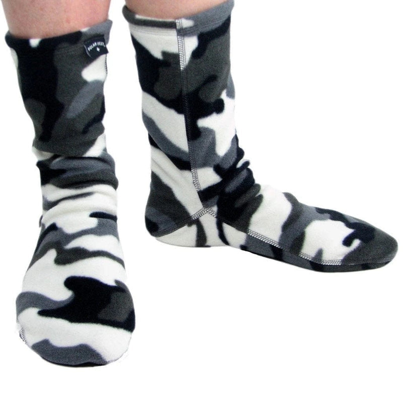 Polar Feet Fleece Socks in black, white, and gray camouflage pattern, featuring soft fleece material and stitched seams, lifestyle view.