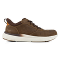 Florsheim Work Fleet Work Comp Toe Oxford shoes in brown leather with perforated sides and white cushioned sole, side view.