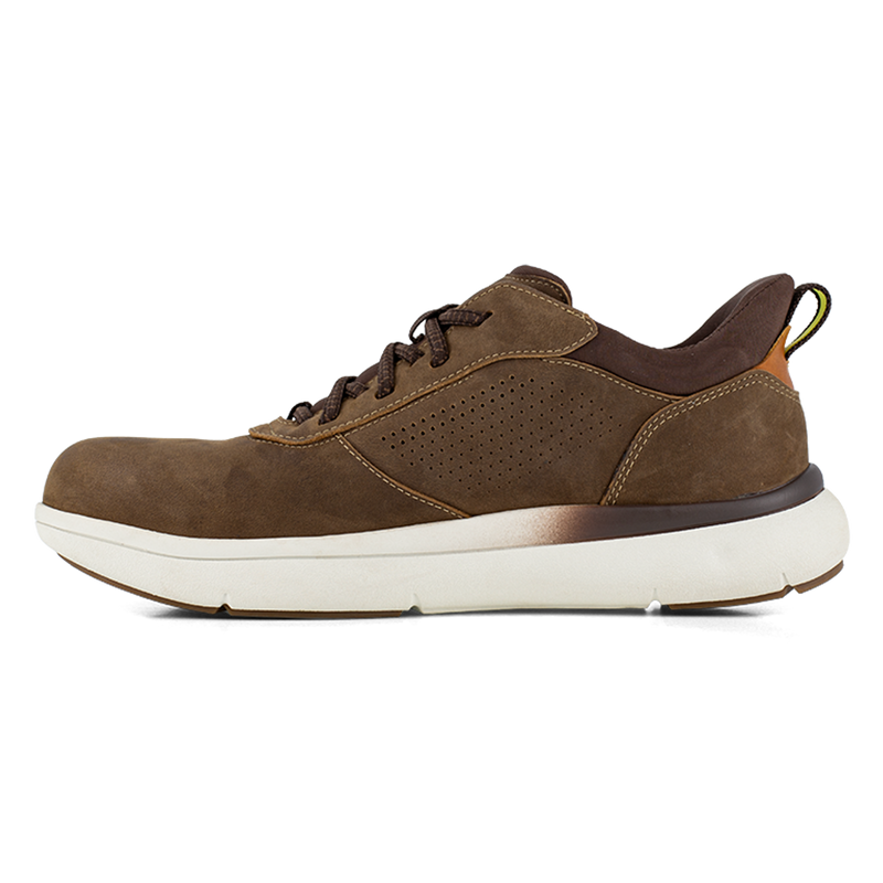 Florsheim Work Fleet Work Comp Toe Oxford shoes in brown leather with perforated sides, cushioned sole, and lace-up design, side view.