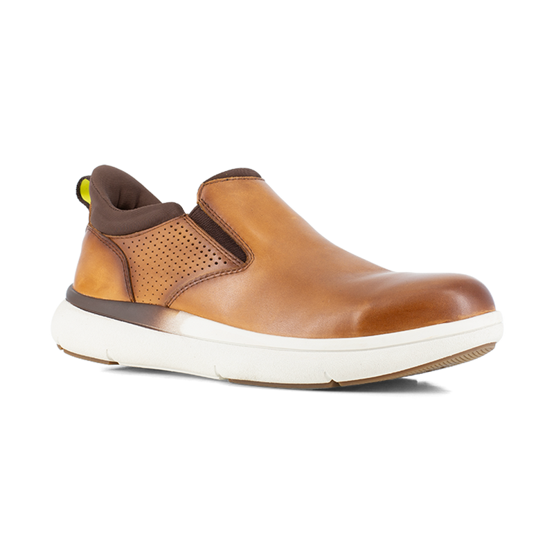 Florsheim Work Fleet Work Comp Toe Slip On shoes in tan leather with perforated sides, cushioned sole, and slip-on design, side angle view.