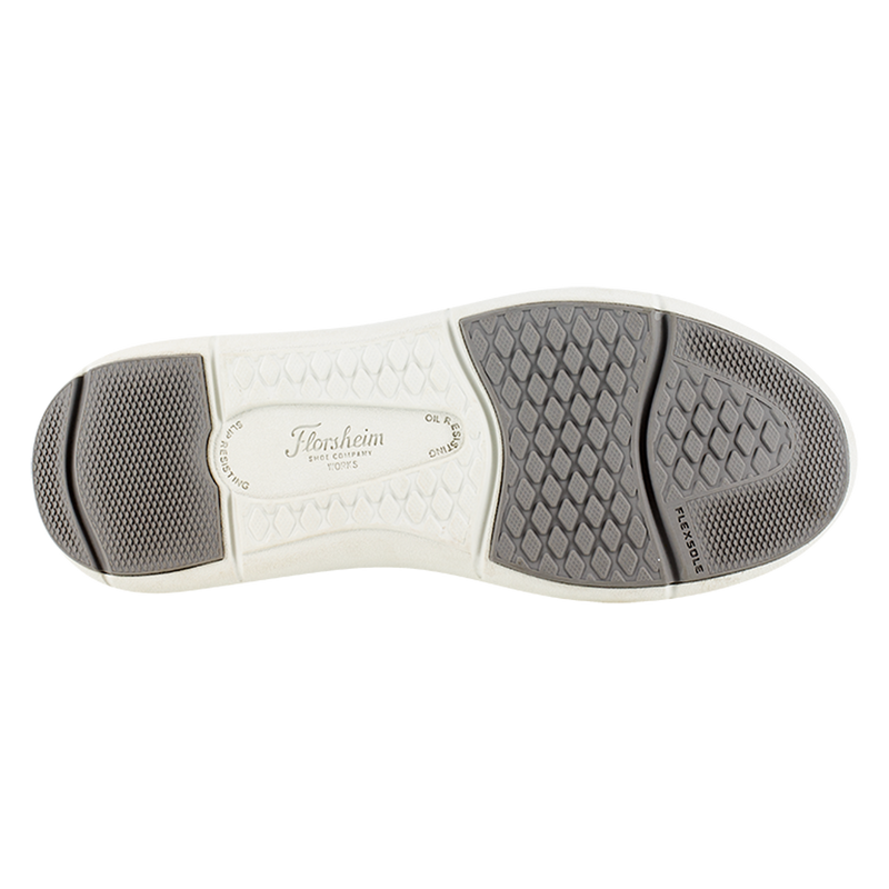 Florsheim Work Fleet Work Comp Toe Sneaker outsole, featuring white rubber with gray slip-resistant tread and Flex-Sole technology.